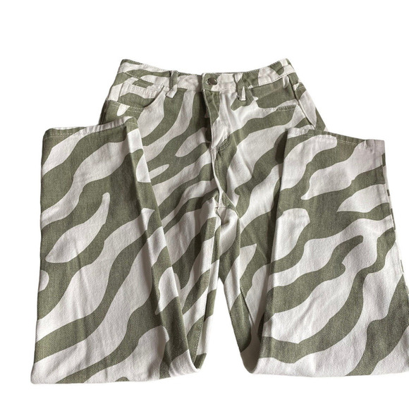 Shein Jeans High Waisted Zebra Striped Off White Green Straight Leg Denim XS NEW - Picture 6 of 14